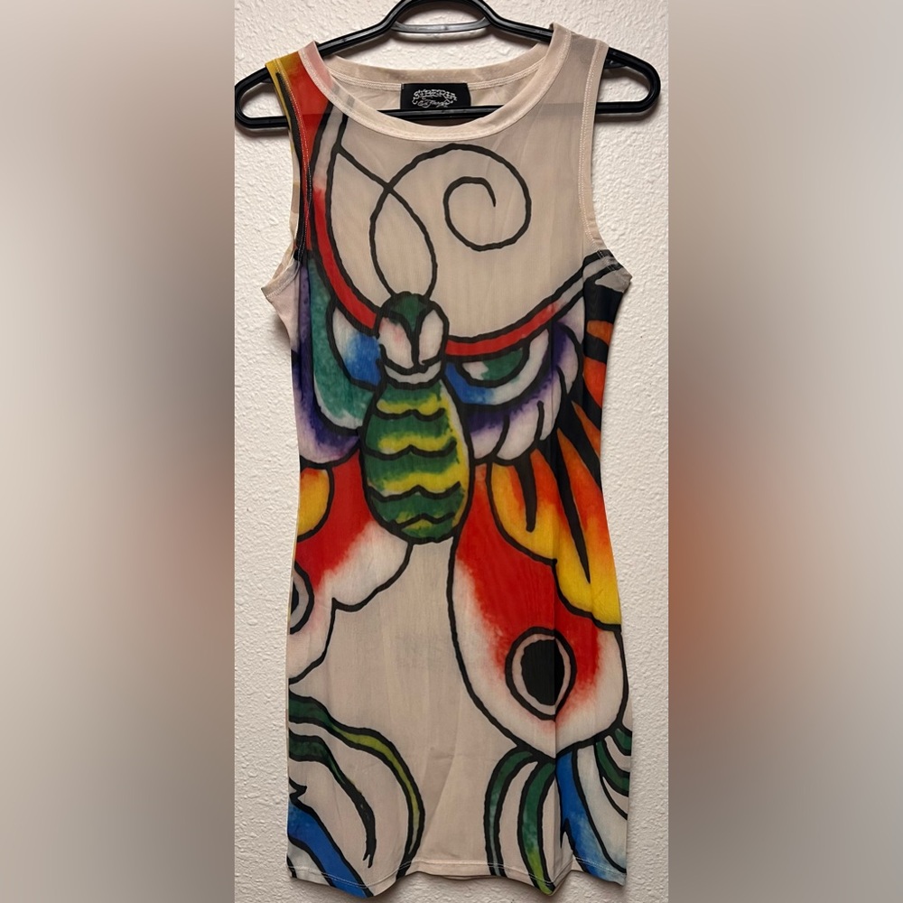 ED HARDY x SIBERIA HILLS Leopard Print Tattoo Butterfly Sheer Mesh Mini Dress L